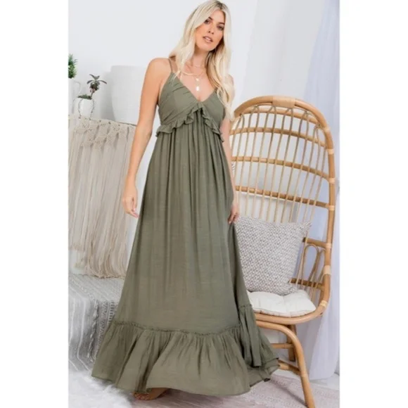 SOLD OUT Olive Bohemian Ruffle Long Full Length Sleeveless Casual Maxi Dress - Picture 3 of 4
